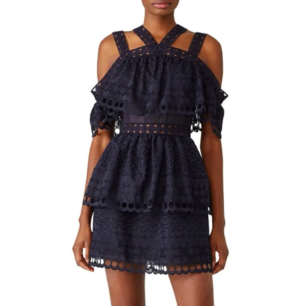 Self-Portrait Navy Blue Lace Envy Tiered Halter Neck Off the Shoulder Mini Dress